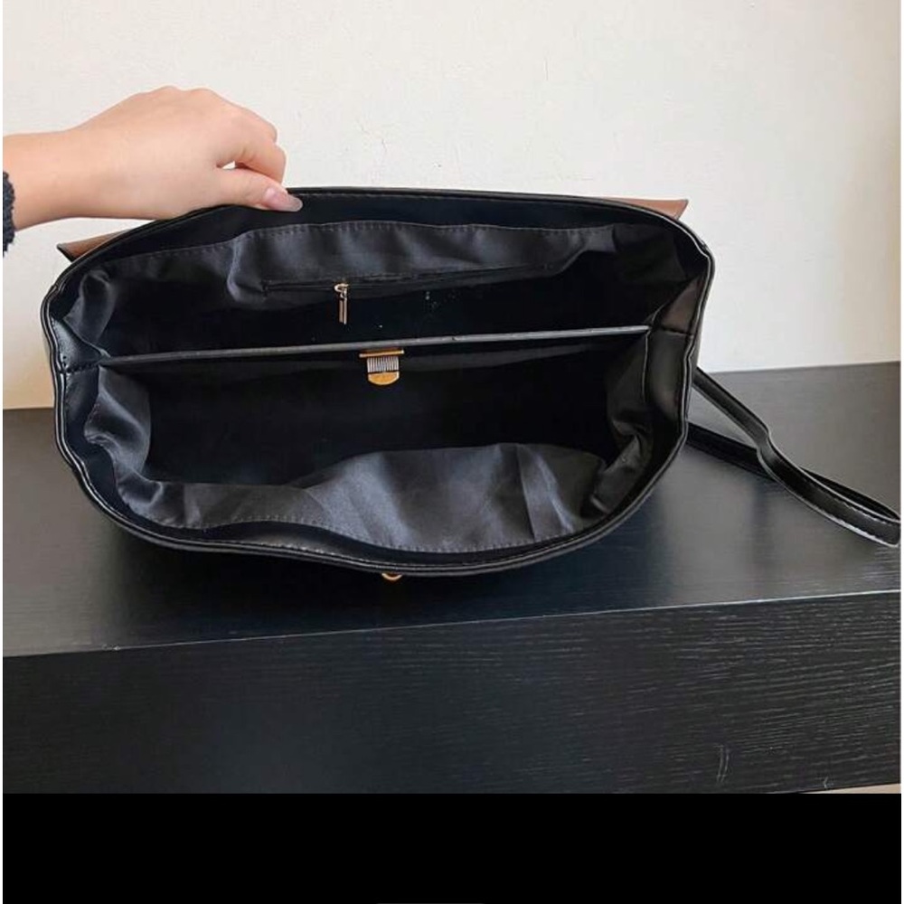 Black faux suede & faux leather contrast tote shoulder bag / handbag purse - Picture 5 of 9